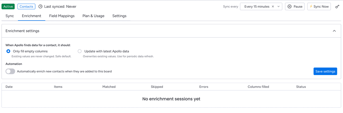 Enrichment settings tab showing fill mode and history table