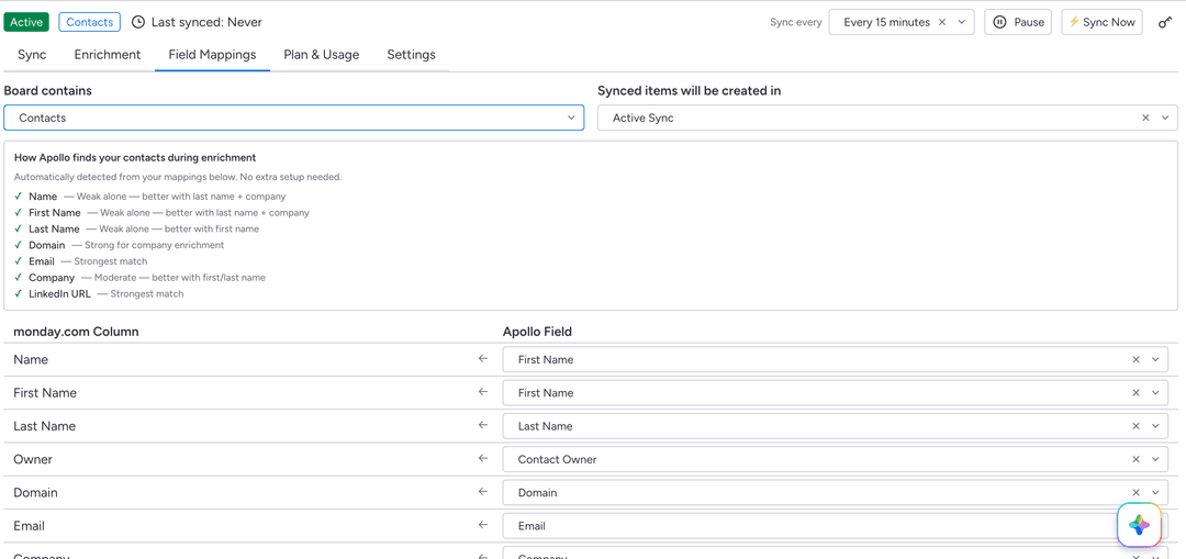 Field mappings configuration tab in Apollo Integration