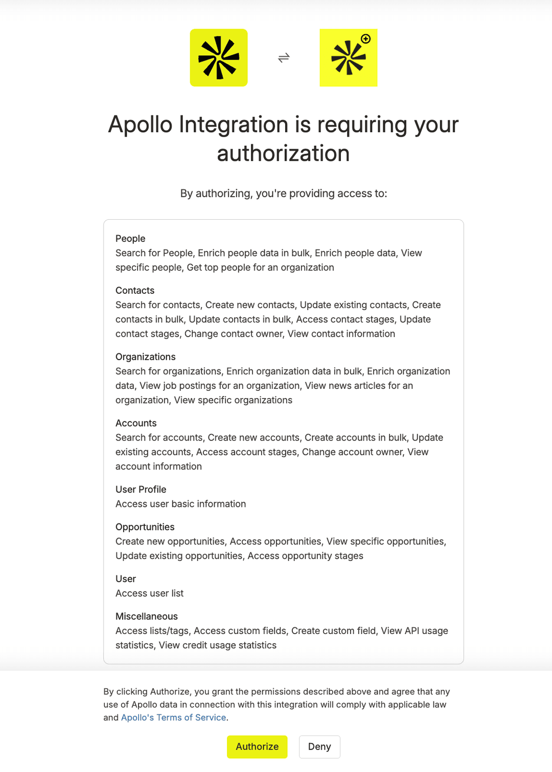 Apollo Integration authorization permissions screen