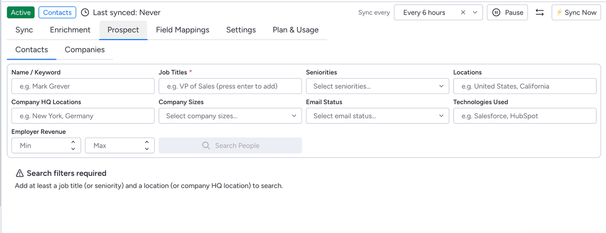 Prospect tab showing contact search filters in Apollo Integration