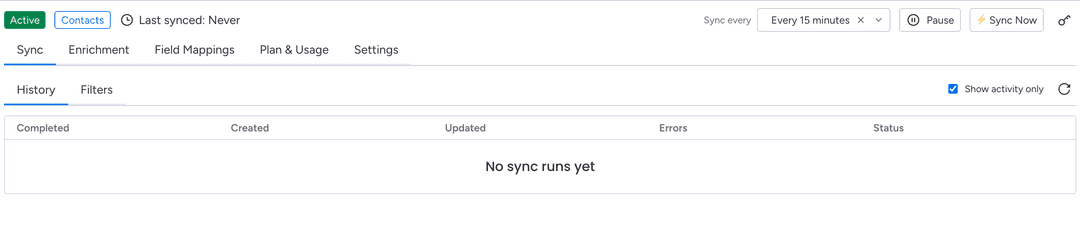 Sync dashboard showing history tab and run statistics