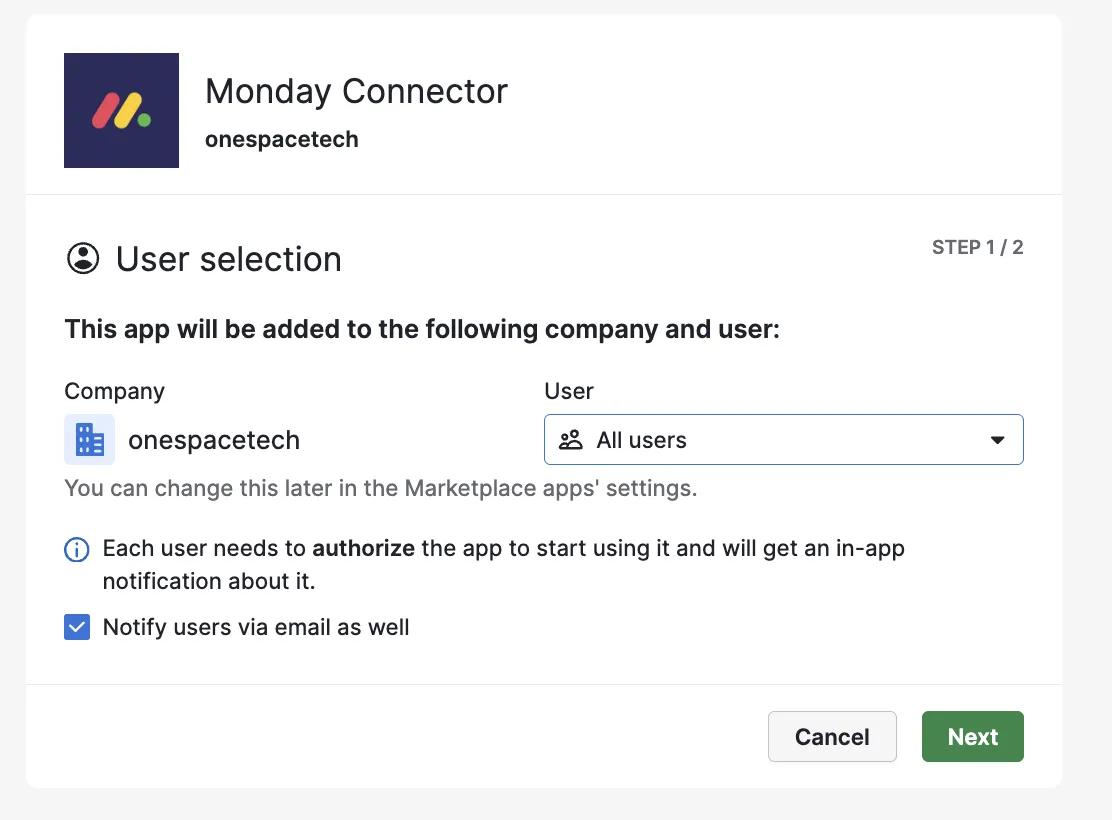 Select user and company for monday connector
