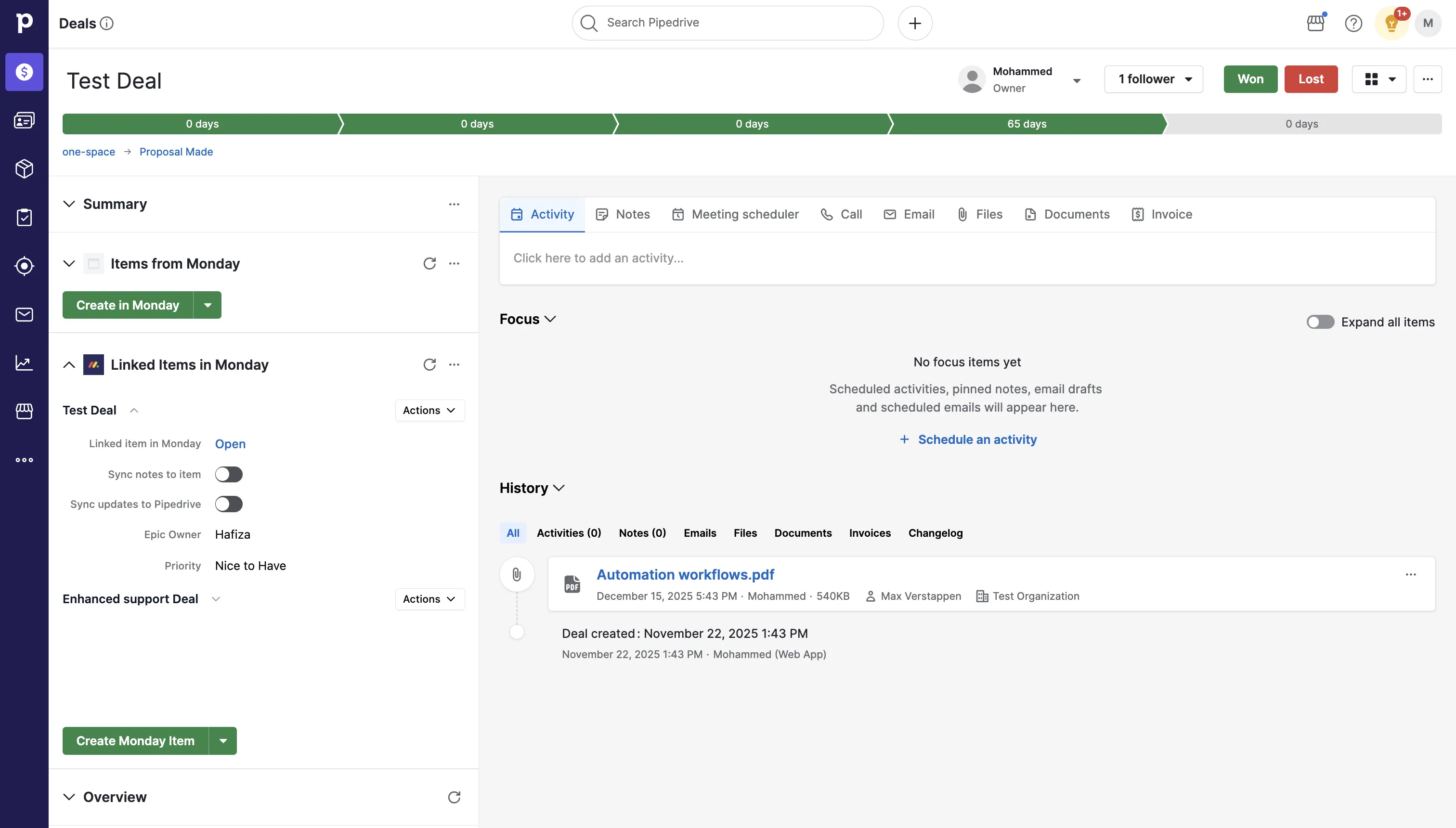 Pipedrive deal with monday.com items synced