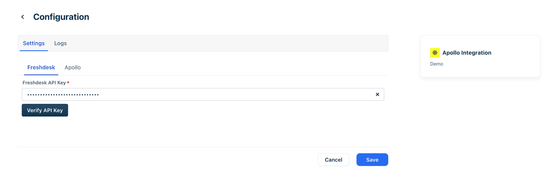 Configuration screen for adding the Freshdesk API key