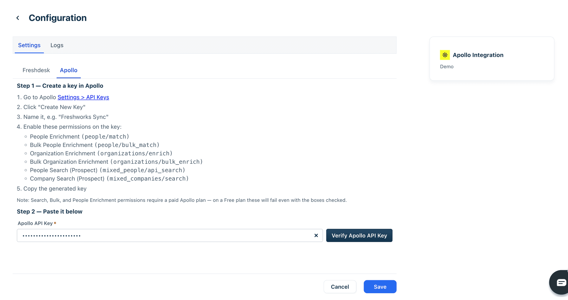 Configuration screen for creating and adding the Apollo API key