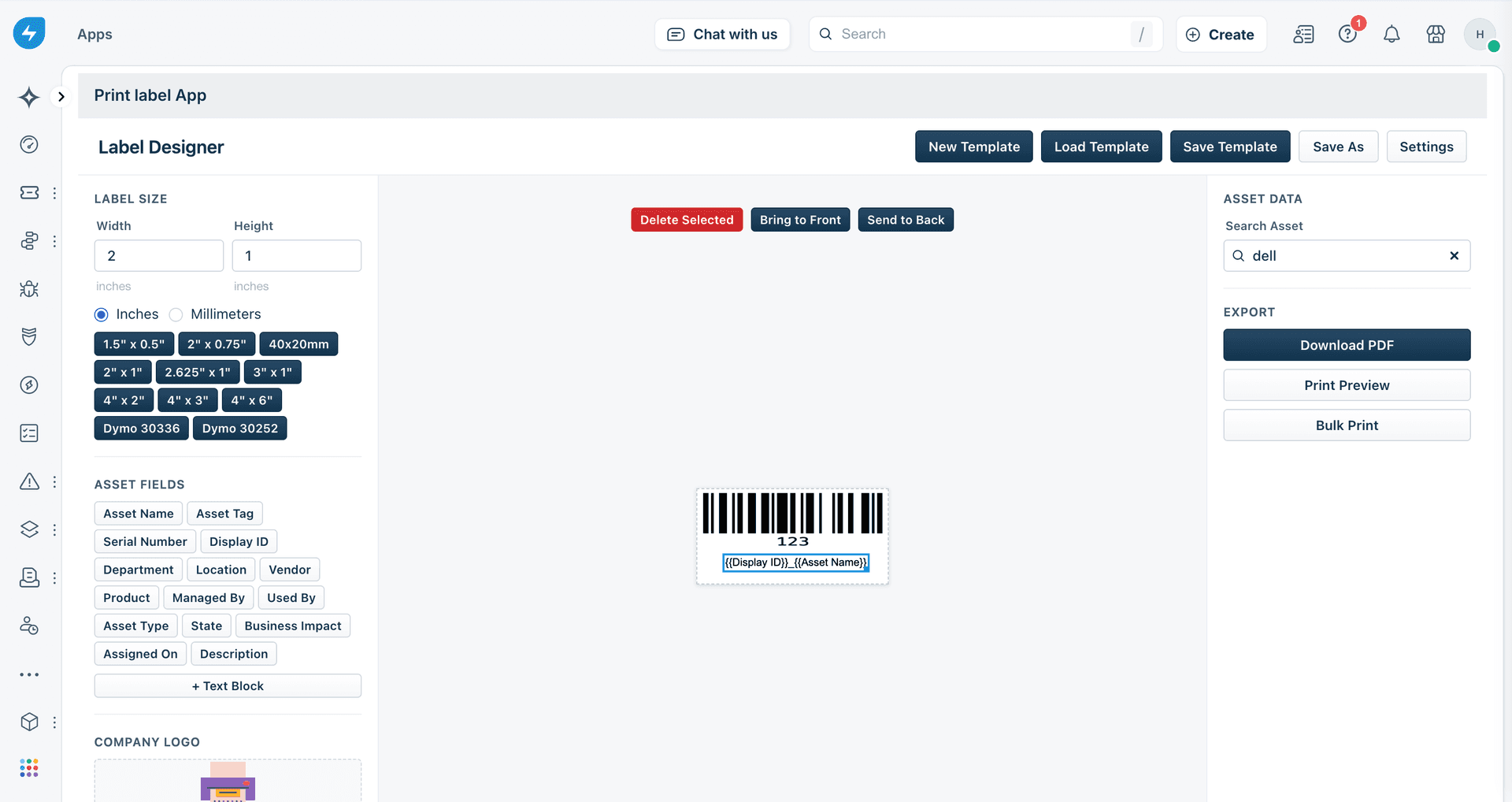 Print Label designer dashboard