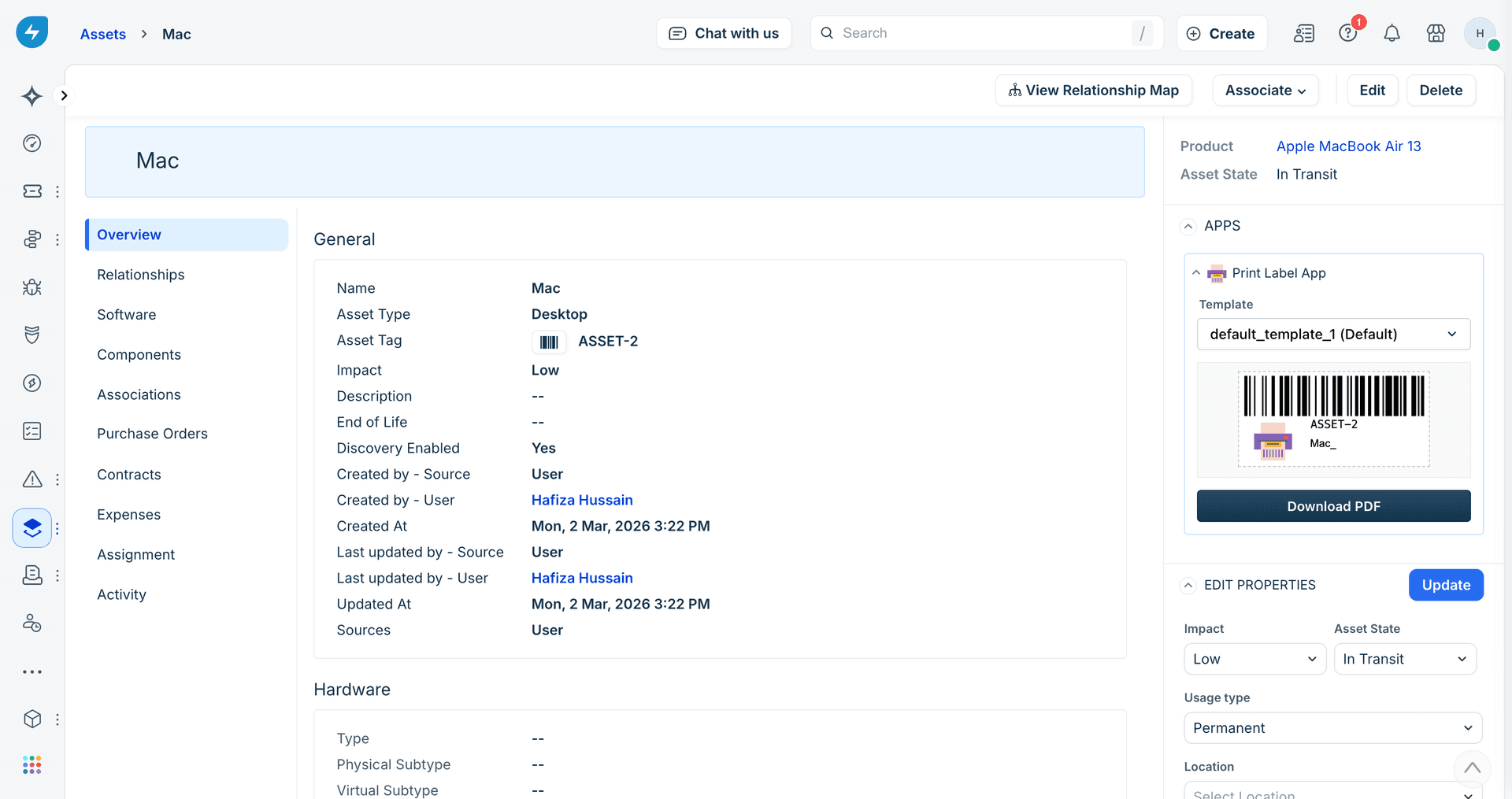 Asset details page with Print Label sidebar