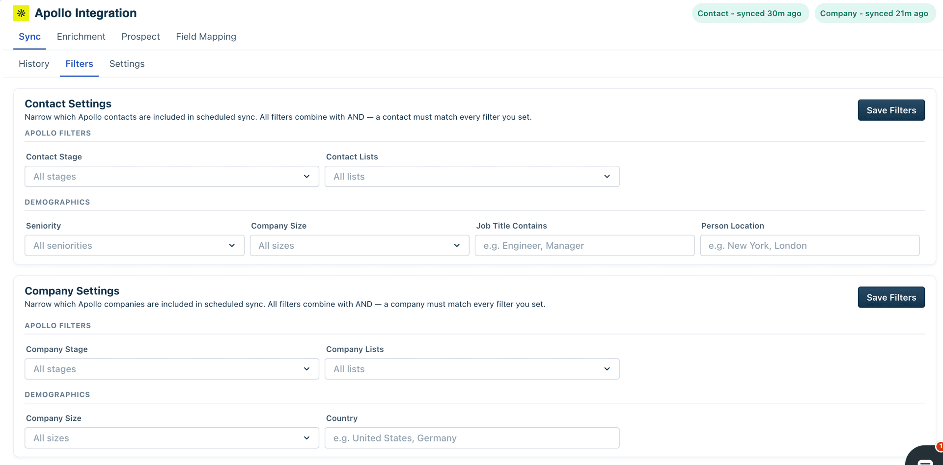 Sync filters showing record selection options